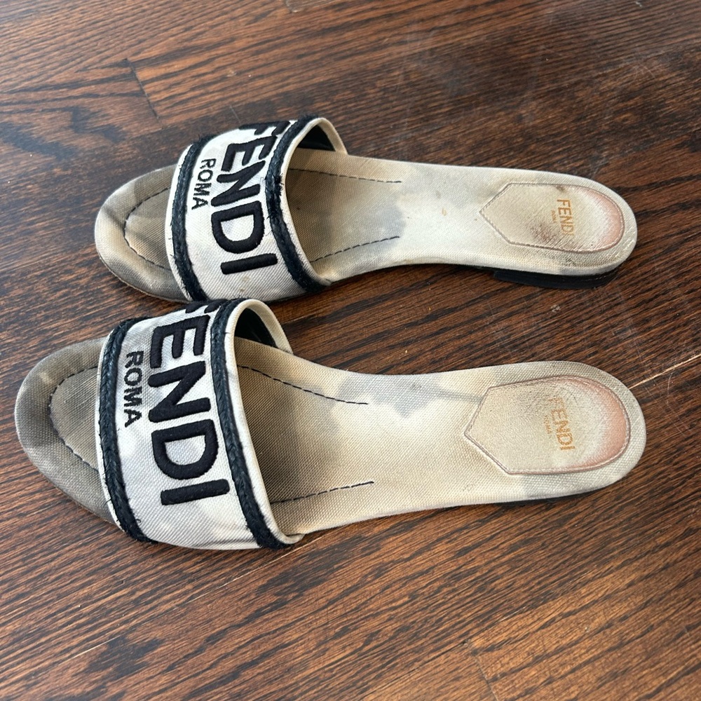 Authentic Fendi Black and Cream tie dye Slide Sandals